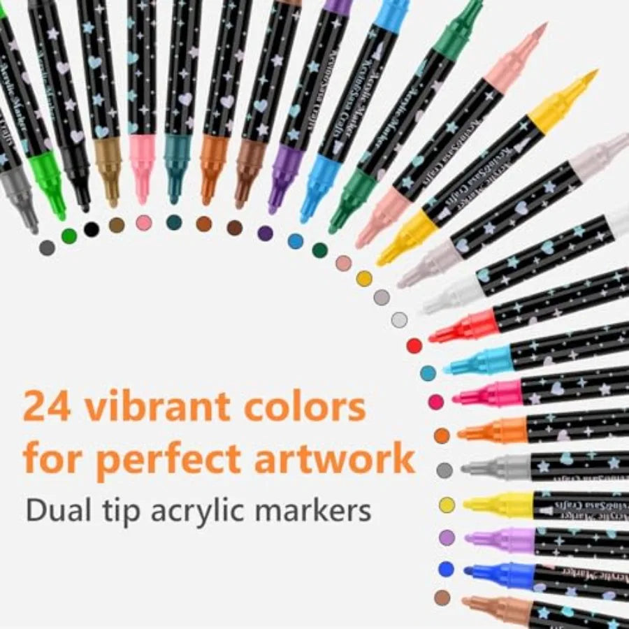 24 Colors Dual Tip Acrylic Paint Marker Pens Set, Multifunctional Acrylic Tips with Laser Pen Body, Professional Acrylic Paint