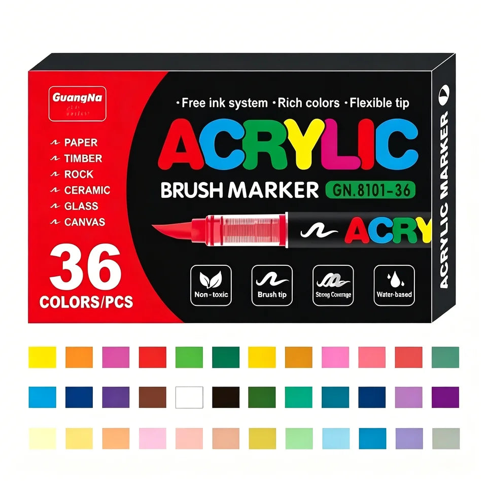 36 Colors Acrylic Paint Pen Markers Acrylic Felts Brush Tip Paint Markers For Wood Rock Painting Canvas Gift DIY Crafts