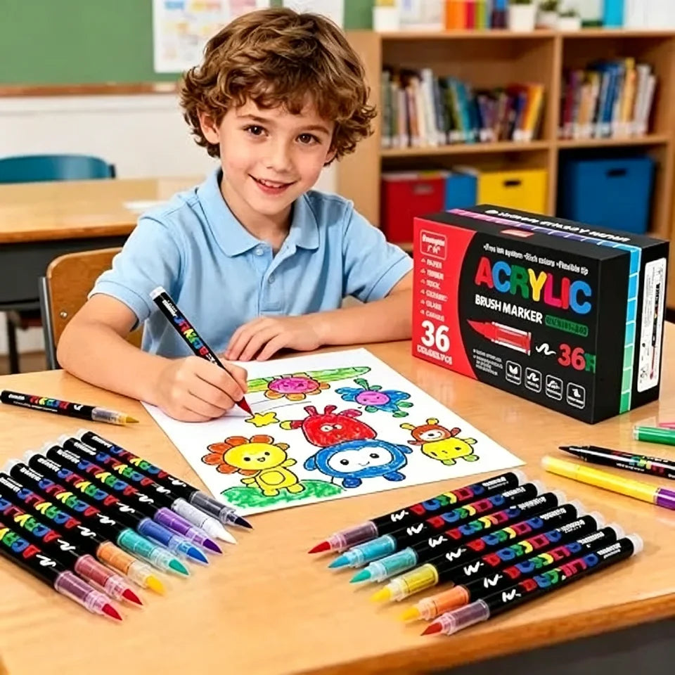 36 Colors Acrylic Paint Pen Markers Acrylic Felts Brush Tip Paint Markers For Wood Rock Painting Canvas Gift DIY Crafts