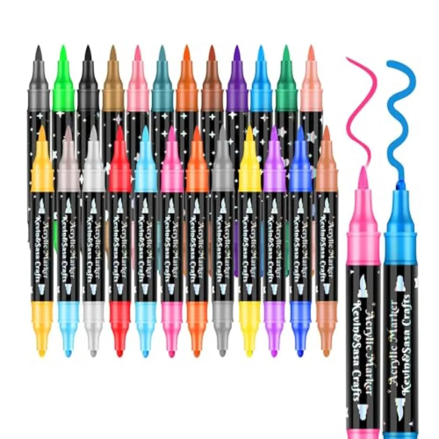 24 Colors Dual Tip Acrylic Paint Marker Pens Set, Multifunctional Acrylic Tips with Laser Pen Body, Professional Acrylic Paint