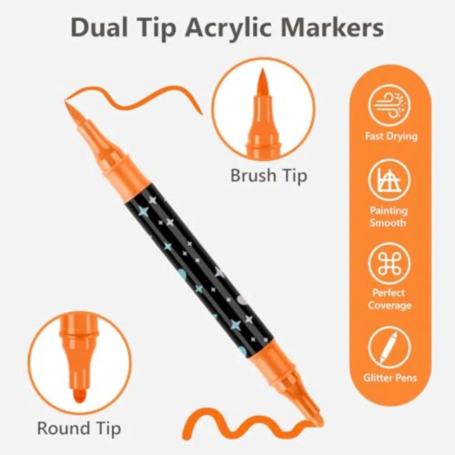 24 Colors Dual Tip Acrylic Paint Marker Pens Set, Multifunctional Acrylic Tips with Laser Pen Body, Professional Acrylic Paint