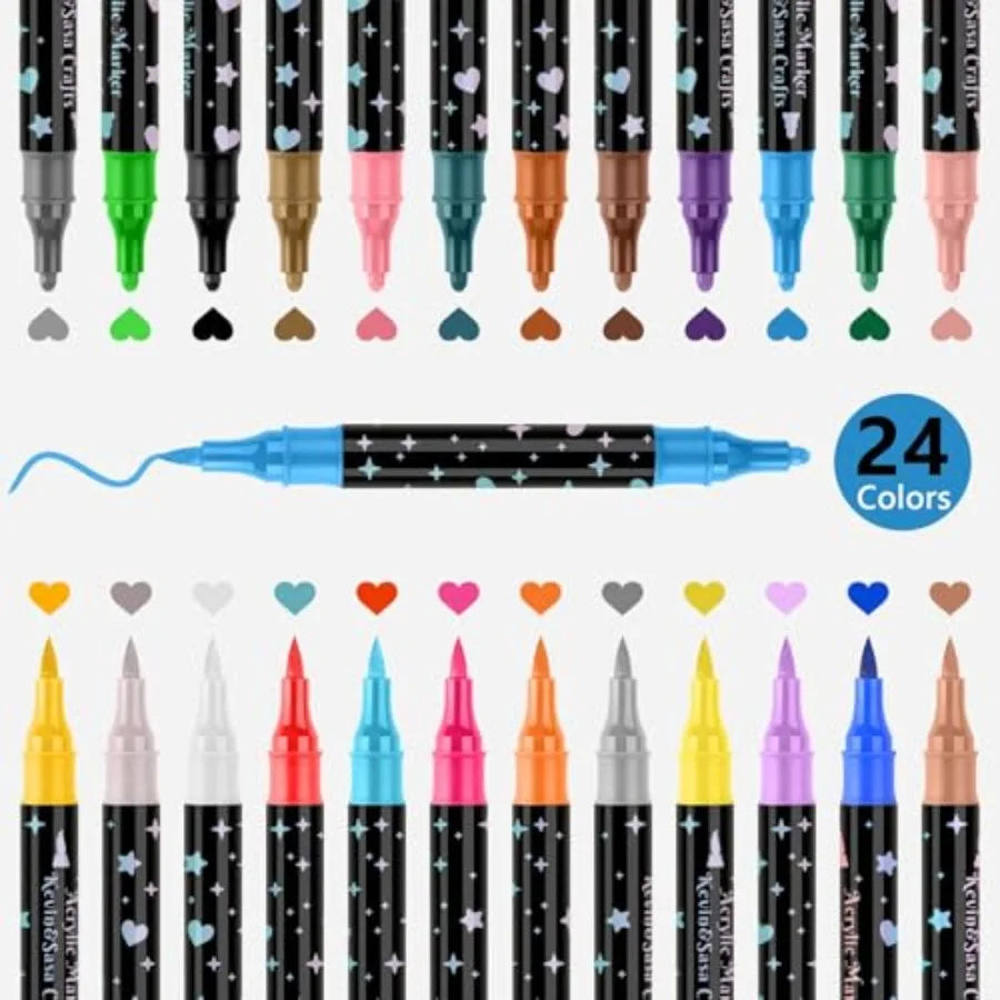 24 Colors Dual Tip Acrylic Paint Marker Pens Set, Multifunctional Acrylic Tips with Laser Pen Body, Professional Acrylic Paint