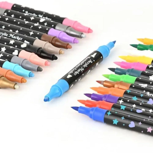 24 Colors Dual Tip Acrylic Paint Marker Pens Set, Multifunctional Acrylic Tips with Laser Pen Body, Professional Acrylic Paint